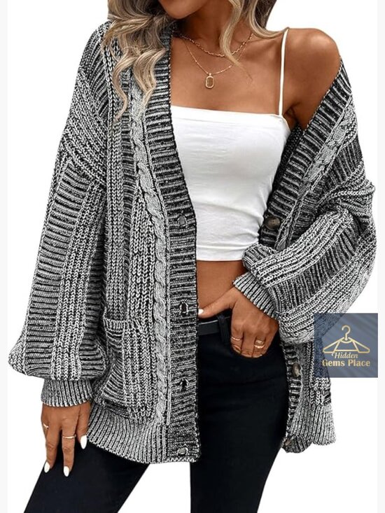 Sweaters - Oversized Cable Knit Cardigan Sweater Long Sleeve with Pockets